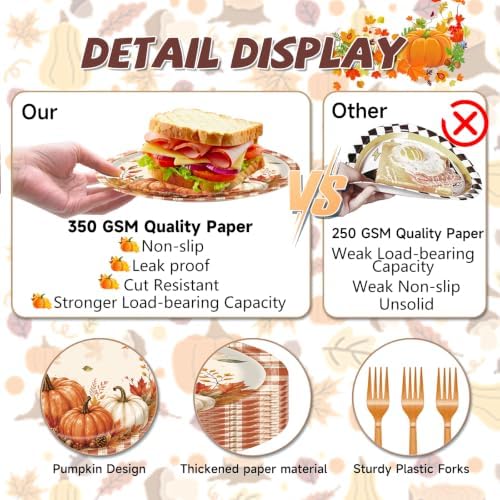 96 Pieces Fall Pumpkin Plates and Napkins, Autumn Thanksgiving Theme Maple Leaf Disposable Tableware with Paper Plates Napkins and Forks for Autumn Harves Thanksgiving Party Supplies - Serves 24