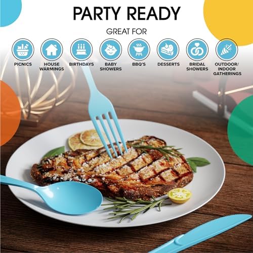 Party Solids Light Blue Plastic Silverware 150 Pcs Light Blue Cutlery Set