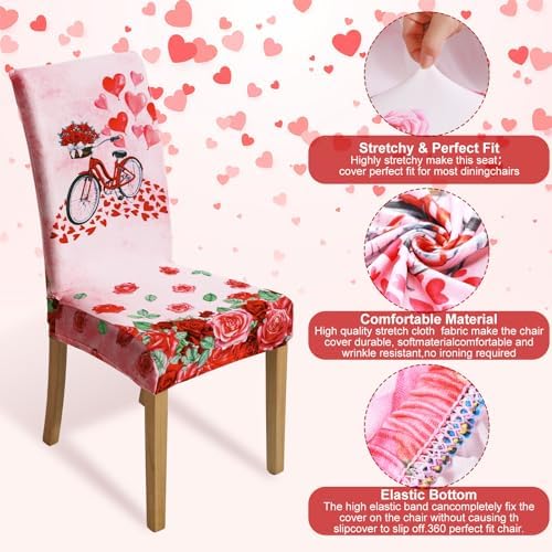 Hosuly 6 Pcs Valentine's Day Chair Covers Valentine's Day Print Red Pink Heart Gnome Truck Removable Seat Covers for Home Restaurant Decor or Hotel Restaurant Party Banquet