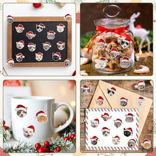 H1vojoxo Christmas Cat Sticker Rolls - 1000PCS Christmas Cat Stickers for Kids 16 Designs Xmas Cute Cats Realistic Stickers for Craft Water Bottles Holiday Cute Cats Sticker for Envelopes Gift Decor