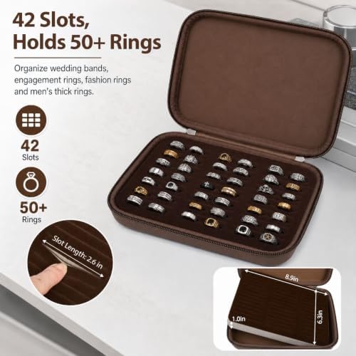 GWCASE Ring Organizer Box 42-Slot Hard Shell Case Holds 50+ Pieces, Coffee