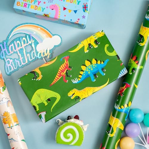 WRAPAHOLIC Dinosaur Wrapping Paper Roll - 3 Short Roll - Dinosaur Happy Birthday Wrapping Paper for Kids Boys Birthday, Dinosaur Party Favor - 17 Inch x 120 Inch Per roll
