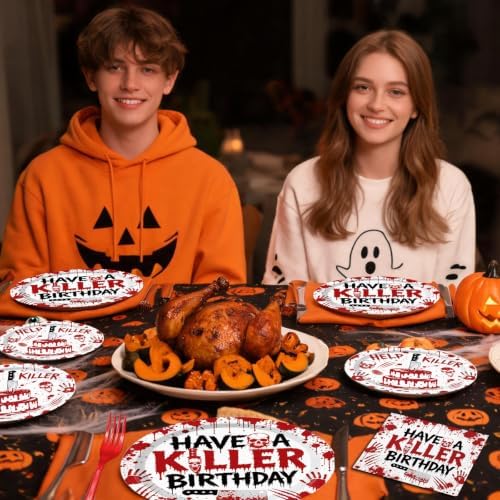 96 Pieces Have a Killer Birthday Plates and Napkins, Bloody Hand Disposable Tableware with Paper Plates Napkins and Forks for Halloween Party Supplies, Horror-Themed Birthday Decorations, Serves 24