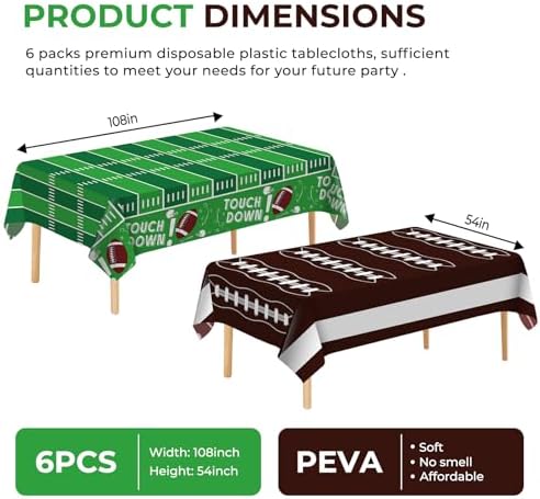 6 Pack Football Party Decorations Premium Disposable Plastic Tablecloth 54" x 108" Table Cloths Include 3 Green and 3 Brown for 6 to 8 Foot Tables Parties Decoration Supplies (Football Green Brown)