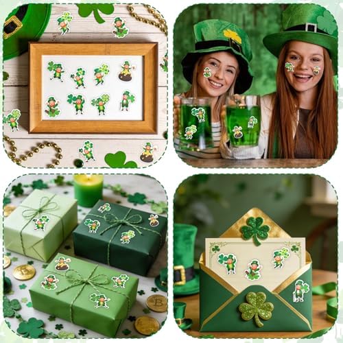 St Patricks Day Stickers, St Patrick's Day Decorations Stickers Roll, 1.2" Green Leprechaun Shamrock Clover Self Adhesive Seals Label Sticker Decals for Card Gift Crafts Irish Party Supplies 500 PCS