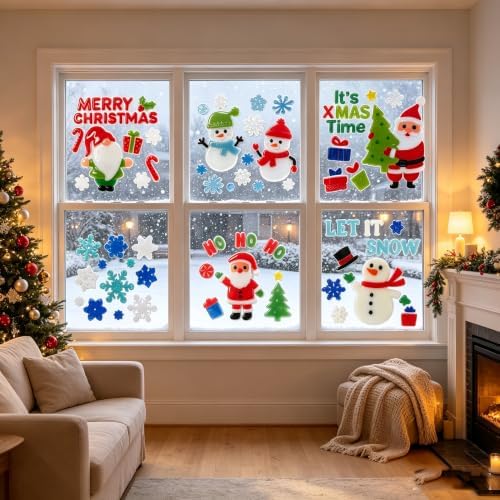 6 Sheets Christmas Gel Window Clings, Christmas Window Stickers for Glass