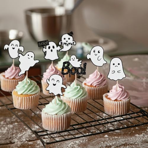 24 PCS Ghost Boo Cupcake Toppers Glitter Little Boo Ghost Cupcake Picks Halloween Party Decorations for Halloween Theme Spooky Baby Shower Kids Birthday Party Cake Decorations Supplies Black