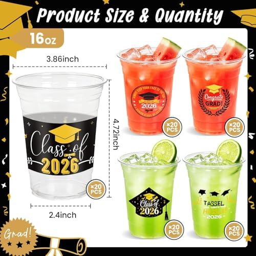 100 Pack 16oz Black Graduation Decorations Cups, Class of 2026 Disposable Plastic Cups, Sturdy & Durable Tableware for High School College Grad Party Decorations Supplies