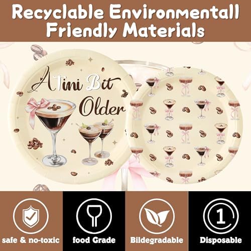 140 Pcs a Tini Bit Older Birthday Party Supplies Bow Decorations Espresso Martini Paper Plates Napkins Cups Knives Forks and Spoons ，Dinnerware for Birthday Wedding Decoration Serves 20