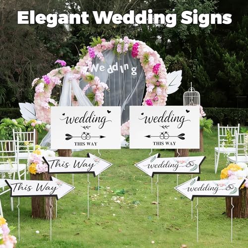 9 PCS Wedding This Way Sign Kit,Double Sided Wedding Direction Arrow & Parking signs with Metal Stakes, Wedding Signs for Ceremony,Reception, and Parking Area Outdoor Yard Lawn