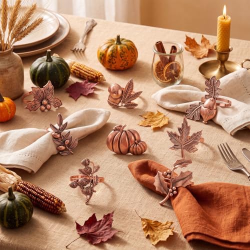 Remerry 8 Pcs Fall Thanksgiving Napkin Rings Set,Autumn Metal Holders