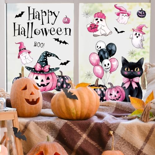 Whaline 6 Sheets Happy Halloween Window Clings Pink-Black Boo Ghost Pumpkin Spider Web Cat Reusable Window Decals for Home Classroom Office Glass Decor Party Supplies