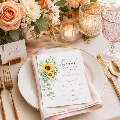 Sunflower Bridal Shower Invitations, Fill In Style Invites With Envelopes for Fall Wedding Reception, Fall Floral Bridal Shower Invitations, Bride To Be Double-Sided Invite Cards, 4 x 6 Inch Set of 25