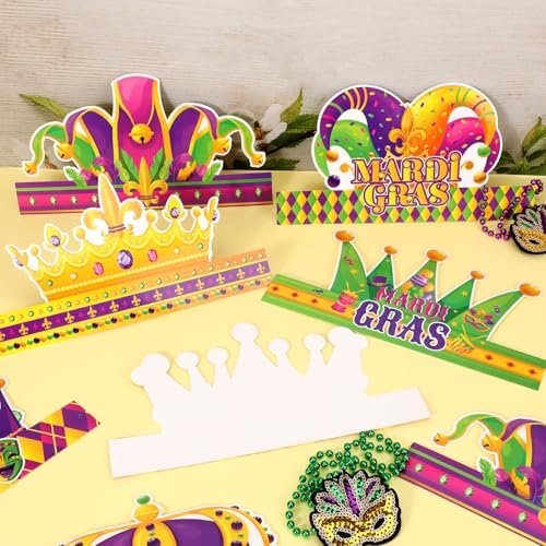 Qpout 24pcs Mardi Gras Crown Headband Carnival Party Paper Hat Headpiece Photo Booth Props Kits Mardi Gras Crowns for Carnival New Orleans Party Favors Supplies Decoration