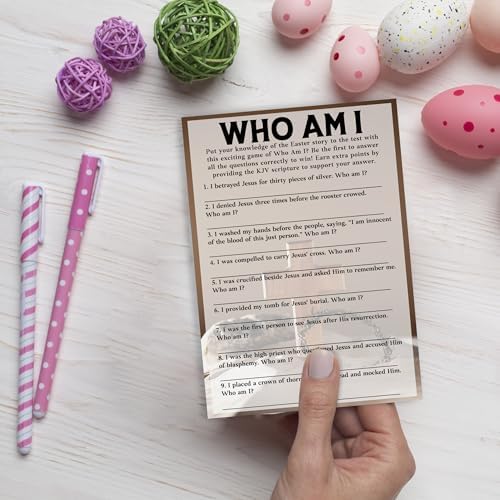 Easter Games for Adults and Kids, Who Am I Bible Trivia Game Cards, Easter Family Feud Game for Family Friends, Holiday Party Games for Activities Party Decorations Supplies, 5x7 Inch-A05