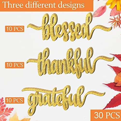 Zonon 30 Pcs Thanksgiving Thankful Table Decor, Gold Glitter Words Cutout