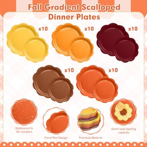 350 Pcs Orange Brown Fall Party Supplies - Red Orange Yellow Autumn Tableware set Include Gradient Scalloped Plate Napkin Cup & Cutlery for Thanksgiving, Fall Wedding, Harvest Party