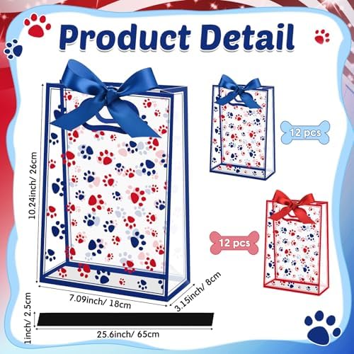 Capoda 24 Pack Patriotic Paw Patterns Gift Bags with Handles, Red & Blue Reusable Plastic Party Favor Bags, Large 4th of July Goody Bag for Kids, Pet Lovers, Independence Day BBQ, Parade for Fireworks