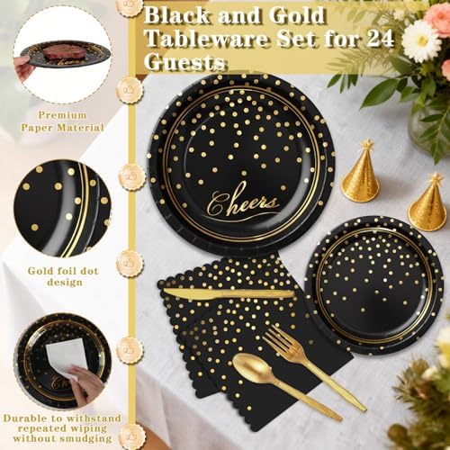 168Pcs Black and Gold Paper Plates and Napkins Party Supplies for 24 Guest