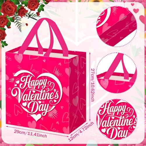 Wesnoy 48 Pcs Valentine's Day Gift Bags Bulk with Handle Non Woven Reusable Pink Red Heart Bags Valentine's Day Candy Bag for Classroom Gift Exchange, Goodies Wrapping Party Favors, 11.4x10.6x4.7 Inch