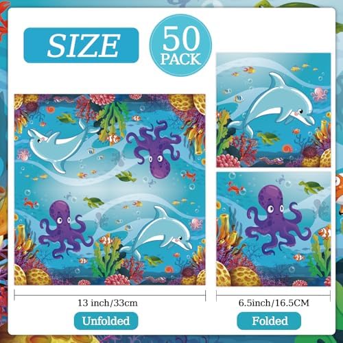 50 Pcs Under the Sea Paper Napkins 6.5 x 6.5 Inches, Ocean Theme Disposable Luncheon Dinner Party Napkins Cocktail Napkin for Sea Animal Party Decorations (Under the Sea)
