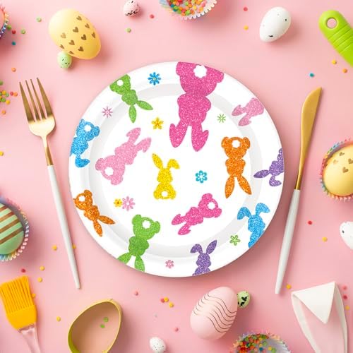 Whaline 40 Pcs Easter Bunny Paper Plates Disposable Plates 9 Inch Sparkly Colorful Rabbit Dessert Plates Flower Party Tableware for Spring Birthday Baby Shower Table Supplies
