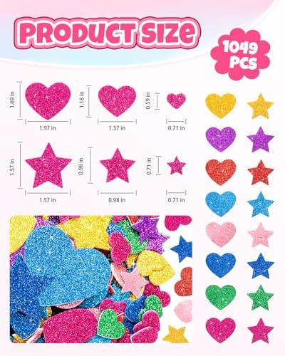 1024PCS Glitter Foam Stickers for Kids - Self-Adhesive Heart & Star Shapes, Sparkle Craft Stickers for DIY Greeting Cards, Scrapbooking, Home Decor, Envelopes & Children's Art Projects