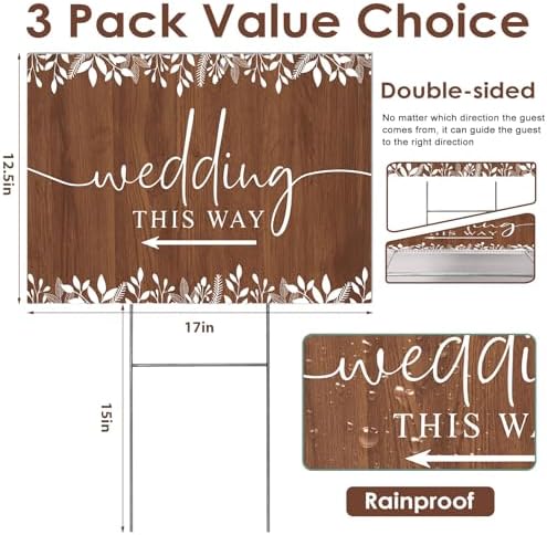 3 Pack 17''×12.5'' Wedding This Way Signs Double Sided Printed Wedding Directional Parking Sign with Stakes for Ceremony Reception Lawn Yard Arrow Signs Plastic Rainproof Party Supplies,Rustic