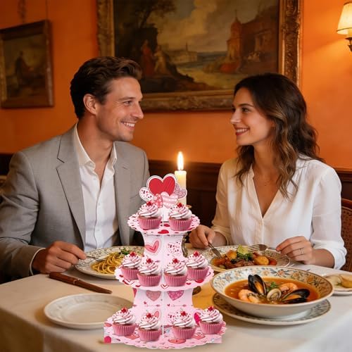 Valentine's Day Cupcake Stand Decoration, 3 Tier Hearts Candy Cupcake Stand DIY Cake Stand Holder Tower Cardboard Dessert Serving Cookie Tray Holder for Valentine Wedding Anniversary Party Supplies