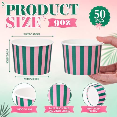Maxdot 50 Pcs Palm Beach Stripes Paper Treat Snack Bowls Summer Ice Cream Cups Sundae Bar Supplies for Hawaii Luau Party Supplies, Yogurt Cupcakes