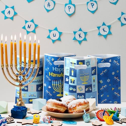 vueuKiGE Hanukkah Gift Bags, 50 PCS Hanukkah Treat Bags with Handles, 7x9.8 Inch Plastic Chanukah Gift Goodie Candy Cookie Bag Jewish Themed Party Favor Bag for Hanukkahs Party Decorations Supplies