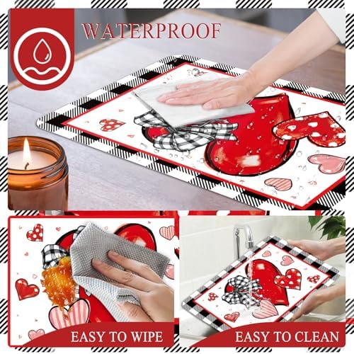 6 Set Valentine's Day Placemats, 11x16 Inch Buffalo Plaid Red Heart Plastic Placemats Seasonal Bow Tie Spring Holiday Table Mats for Wedding Party Festival Decor