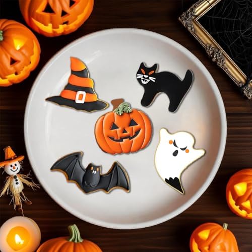 5pcs Halloween Cookie Cutters Set shapes Pumpkin, Bat, Ghost, Witch's Hat, Cat Halloween Holiday cookie decorating kit