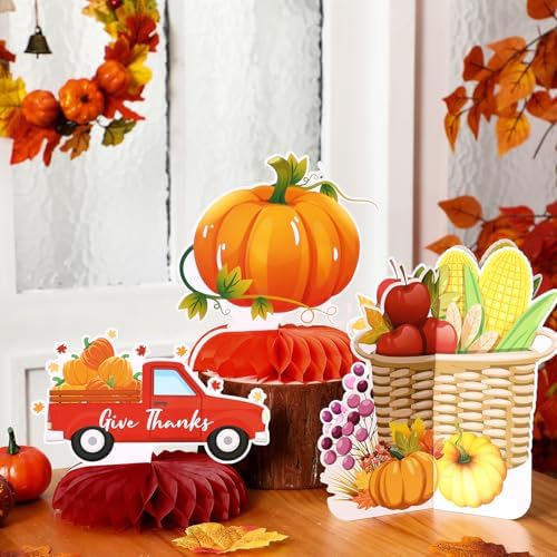 12 Pcs Thanksgiving Party Decoration Friendsgiving Honeycomb Centerpiece Happy Friendsgiving Table Decoration Fall Pumpkin Turkey Gobble Till You Wobble Thanksgiving Table Topper for Party Supplies