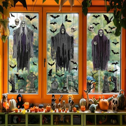 54 PCS Large Halloween Decor, Grim Reaper Halloween Window Clings for Home