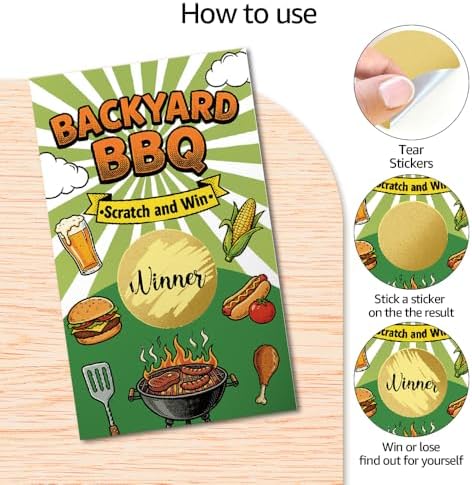 TOUNER 50Pcs Backyard BBQ Scratch Off Game Cards, Father's Day Scratch Cards for Family Gathering Backyard BBQ Birthday Summer Barbecue Retirement Party Lottery Prize Raffle Tickets