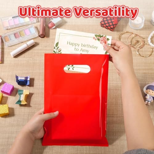 VieFantaisie 50 PCS Red Party Favor Bags, 8" x 11" Goodie Bags for Candy Treat Craft Easter Egg, Plastic Gift Bag with Die Cut Handles for Birthday Party, School Events & Small Business, Wedding