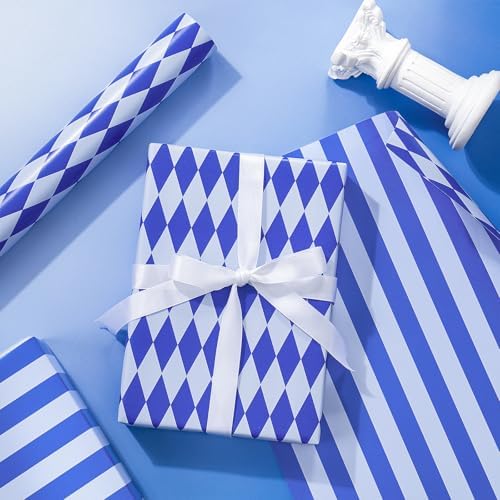 RUSPEPA Reversible Wrapping Paper Roll, Mini Roll, Blue and White Stripes and Diamond Pattern Gift Wrap for Birthday, Wedding, Baby Shower, Easter, Father's Day, Graduation, 17 Inches x 16.4 Feet