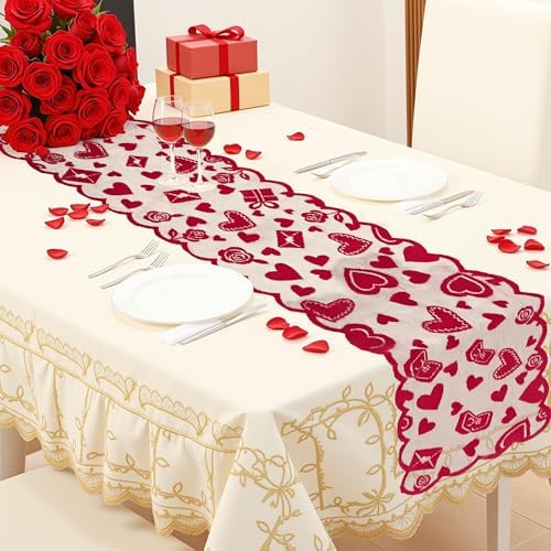 OHOME Valentines Day Decorations - Red Lace Table Runner | Valentines Day Decor Party Supplies Favors - Galentines Day Decorations Holiday Heart Table Cloth Centerpiece for Wedding Home Kitchen