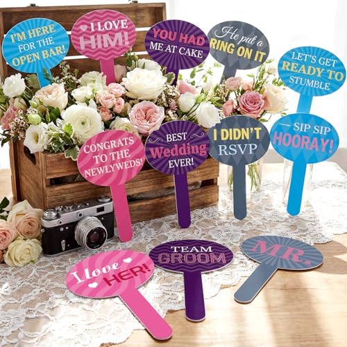 12 Pcs 24 Designs Wedding Photo Booth Props Double Sided 11.8 x 7.9 Handheld Photo Booth Props Wedding Party Decorations Set Water Proof DIY Selfie Sign PVC Printing for Bridal Party Supplies