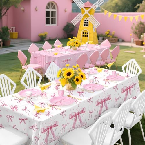 Gatherfun Pink Bow-Themed Party Supplies Set for Women: Happy Birthday & Bachelorette Decorations Combo - Includes 2 Disposable Tablecloths (54 x 108 inch) for Birthday & Tea Party Decorations