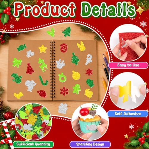 400 PCS Christmas Foam Stickers, Glitter Christmas Stickers, 8 Sheets
