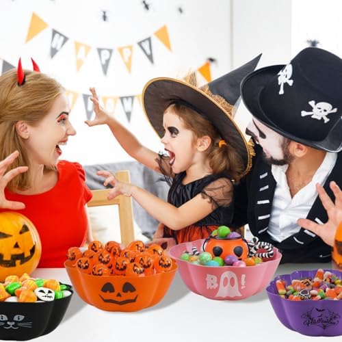 4 Pcs Large halloween candy bowl Trick or Treat Candy Bowl 11.6x4.3 Inch Reusable Plastic Pumpkin Bowl for Halloween Party Decor Supplies (Pink)