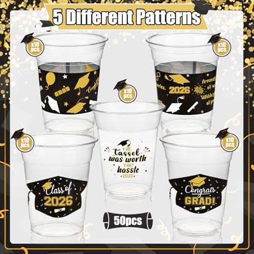 GuassLee Black and Gold Graduation Decorations 2026 Party Cups - 50pcs 12 Oz Black Gold Disposable Graduation Plastic Cups for Drinks Class of 2026 Grad Party Supplies