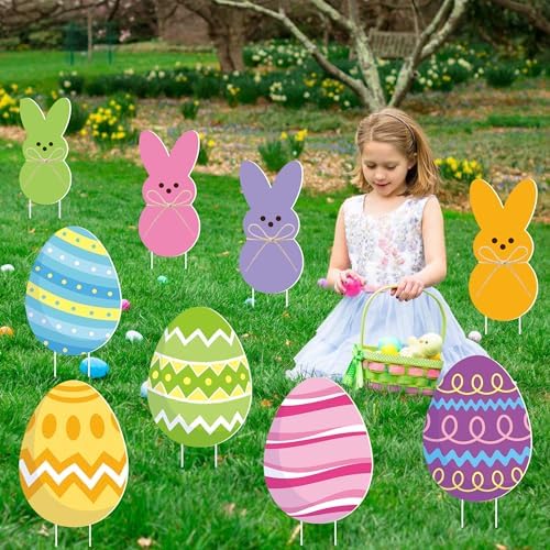 12 Pcs Easter Yard Signs Outdoor Bunny Eggs Lawn Sign with Stakes Waterproof Easter Peeps Rabbit Yard Stake Decorations for Spring Holiday Outdoor Home Garden Lawn Patio Party Props Decoration