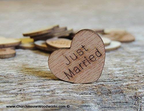 Just Married Engraved Wooden Heart Table Scatter, 100 1-Inch Hearts