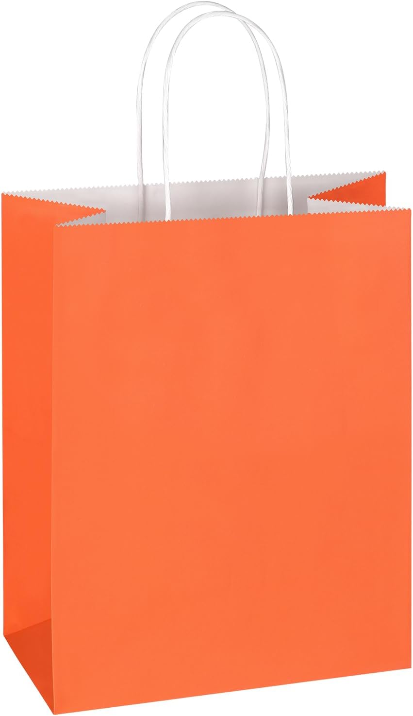VieFantaisie 50 PCS Orange Party Favor Bags, 8" x 11" Goodie Bags for Candy Treat Craft Easter Egg, Plastic Gift Bag with Die Cut Handles for Birthday Party, School Events & Small Business, Wedding