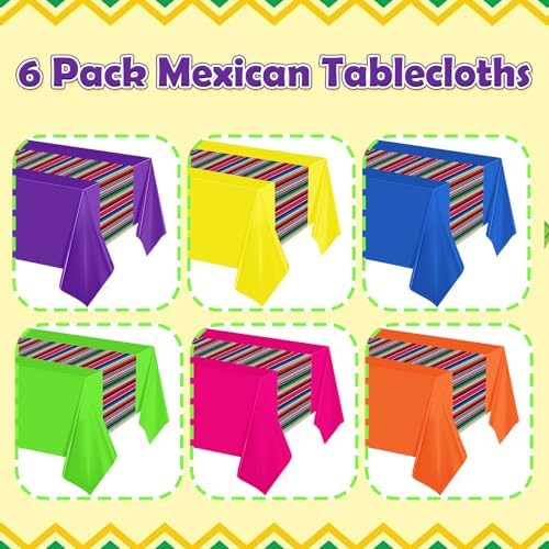 6 Pcs Mexican Fiesta Plastic Tablecloth, Rectangle Disposable Table Cloth Striped Table Cover for Cinco De Mayo Taco Night Fiesta Party Decoration, Mexican Wedding Birthday Home Decor, 108 x 54 Inch