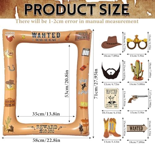16 Pcs Western Cowboy Photo Booth Props with Inflatable Selfie Frame, Wild West Themed Party Decoration for Country Rustic Cowboy Party Selfie Supplies