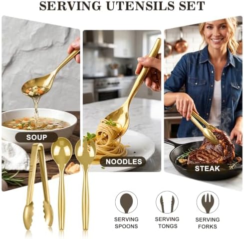 24 Pcs Disposable Gold Plastic Serving Utensils Set, Forks Spoons Tongs